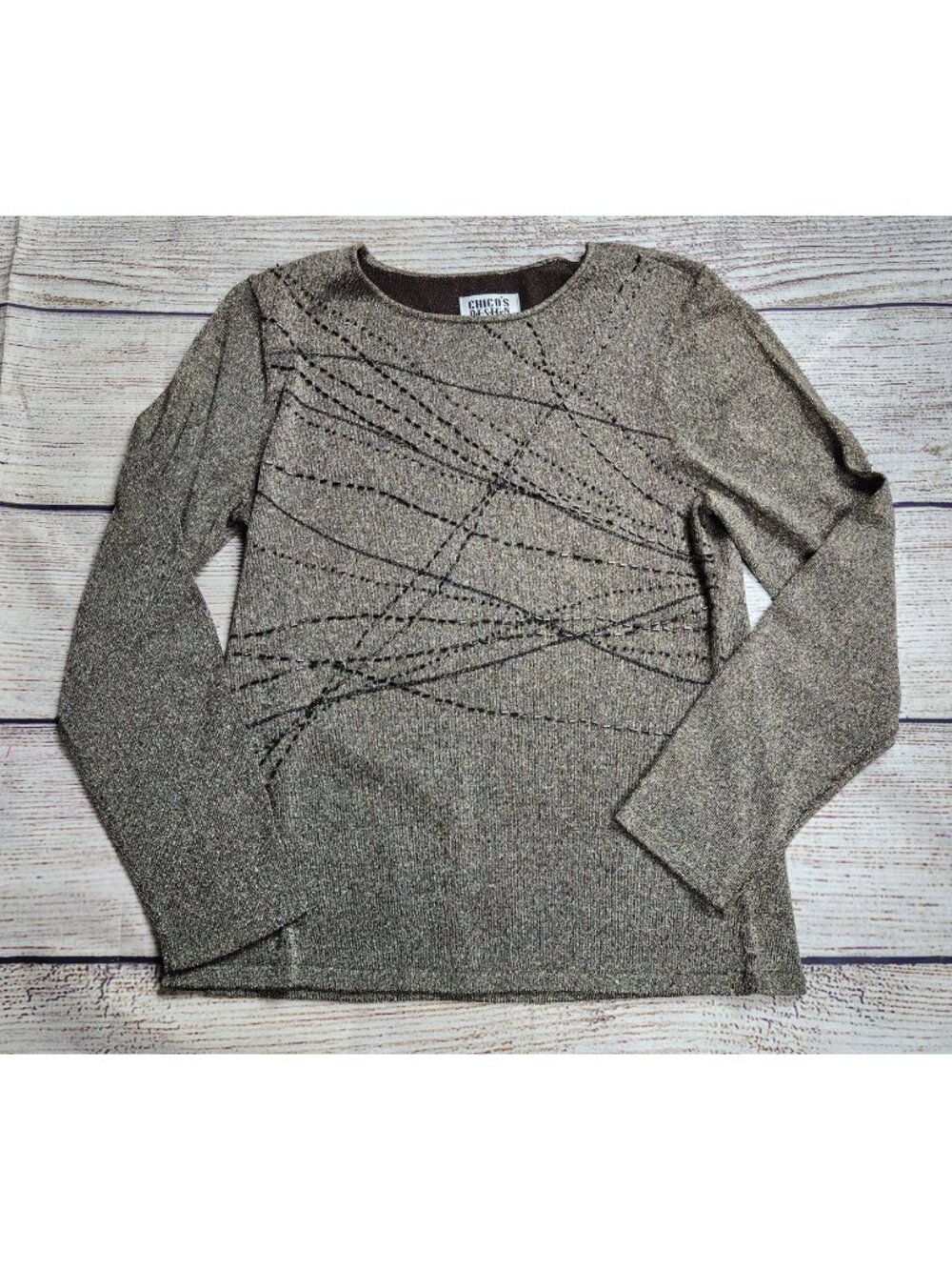 Vintage Chico's Design Size 1 Beaded Metallic Silk Dressy Sweater Bronze Brown